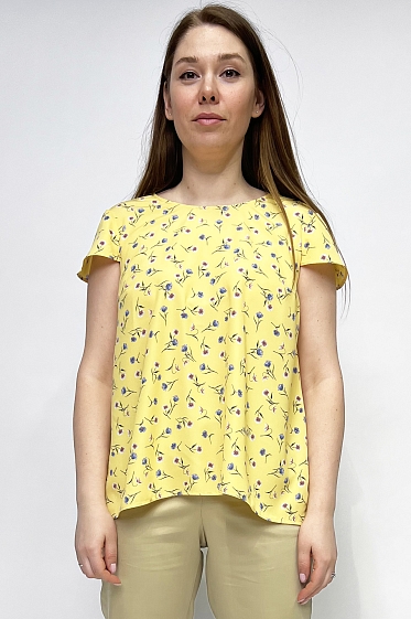 Блуза женская, Цвет: желтый, принт цветы - фото