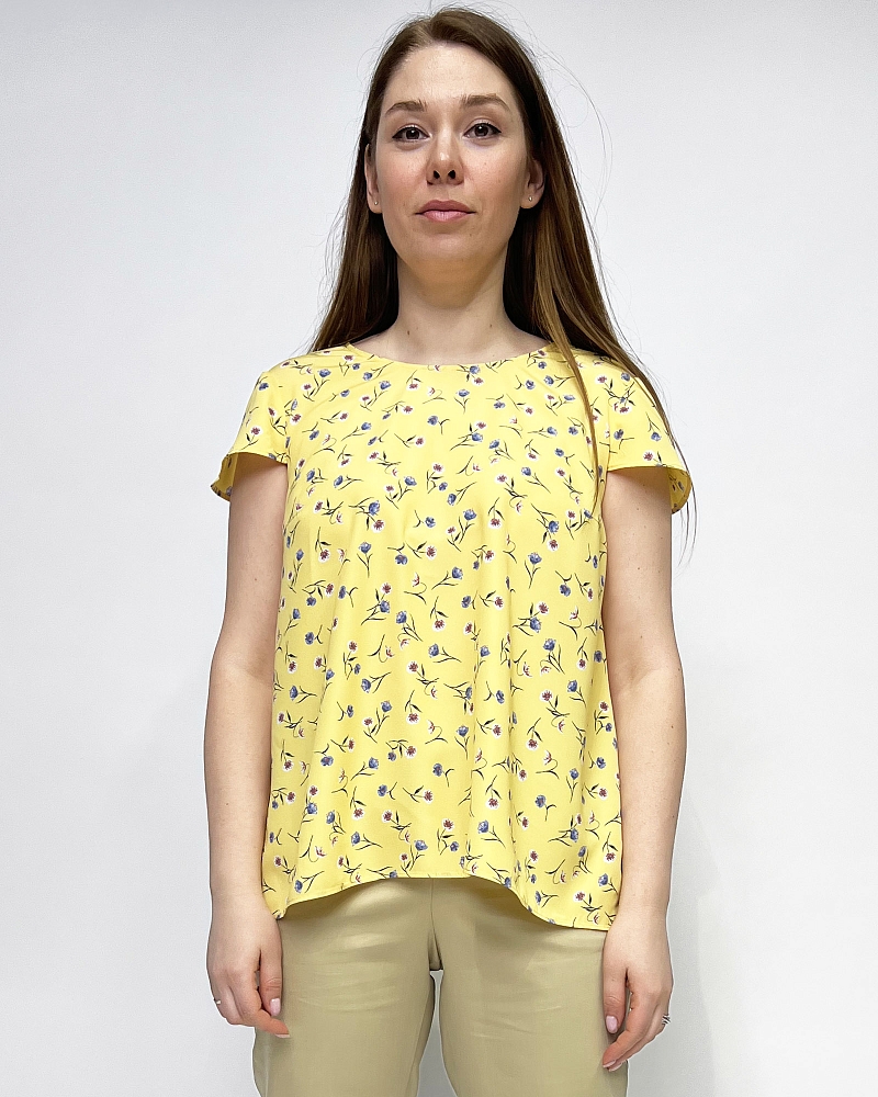 Блуза женская, Цвет: желтый, принт цветы - фото